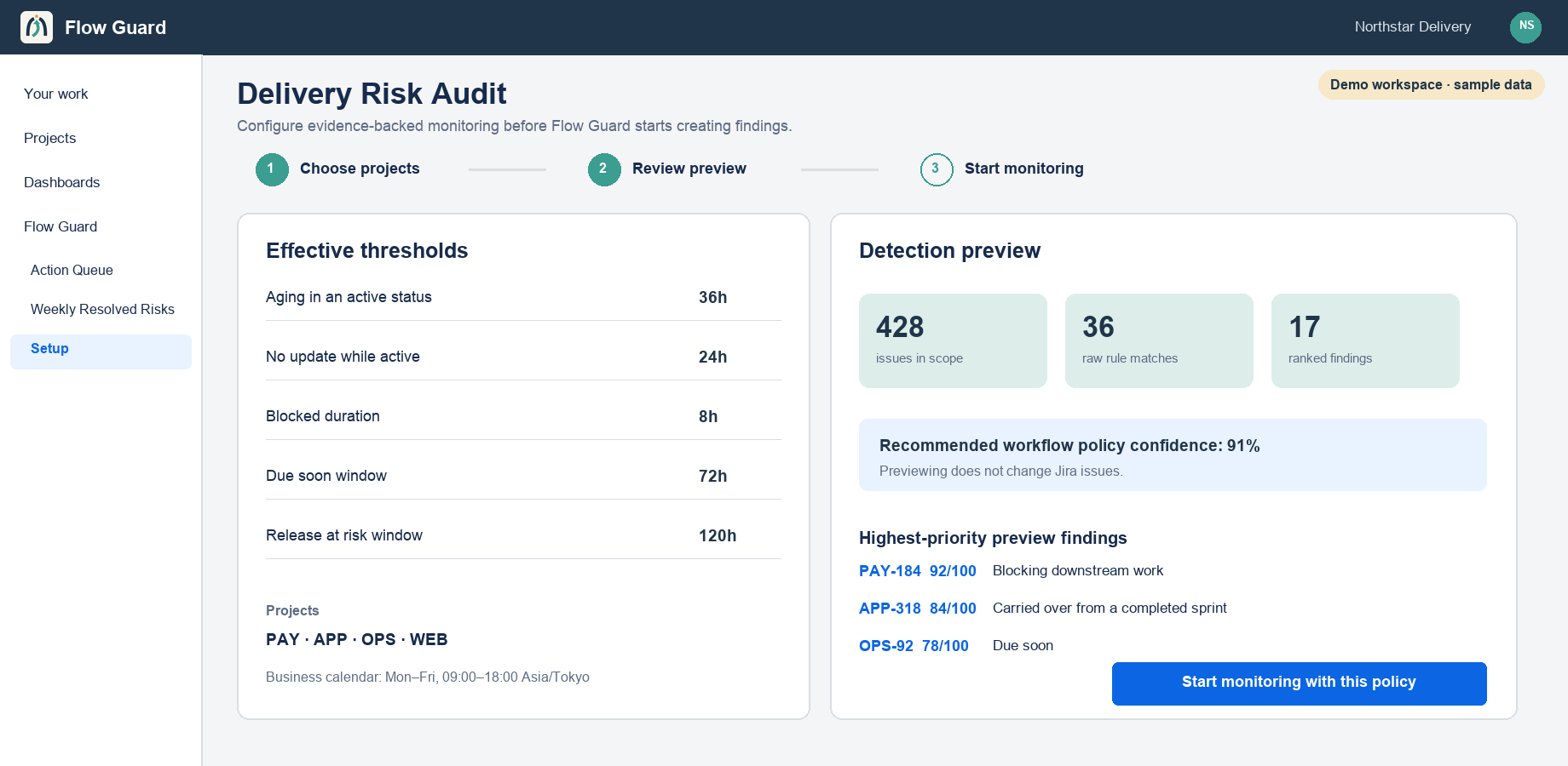 Setup preview showing representative scope, raw matches, findings, and effective policy